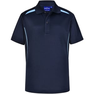 A navy blue polo shirt with light blue contrast accents and a standard collar. It features a logo on the front.
