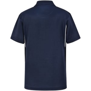 A navy blue kids' polo shirt featuring short sleeves and a collar, with branding on the back.