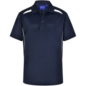 A navy blue polo shirt with short sleeves and contrasting white side panels. It features a collar and a branding logo.