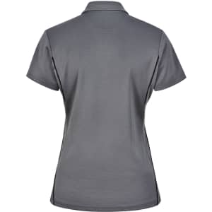 A grey ladies' polo shirt featuring a contrast design and a logo. Back view shows short sleeves and a fitted style.