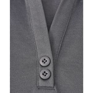 A grey sustainable poly/cotton polo shirt featuring a placket and two buttons. The shirt includes a logo.
