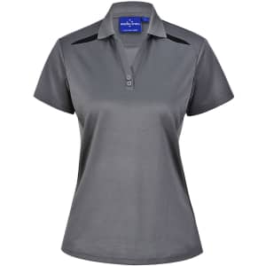 A grey ladies' polo shirt featuring a button-up front and contrasting black shoulder panels. It has a logo on the collar.