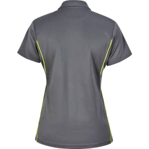 A grey ladies' polo shirt with short sleeves and contrasting yellow accents, featuring a logo.