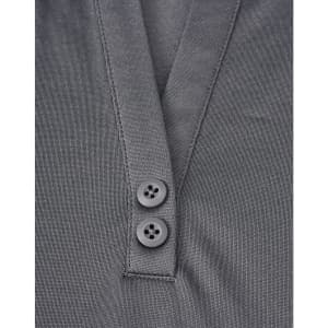 A grey polo shirt featuring a two-button placket and a logo. The fabric is a sustainable poly/cotton blend.