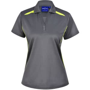 A grey ladies' polo shirt with contrasting yellow accents and a polo collar. It features a logo on the label.