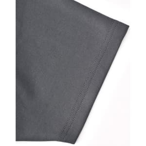 A grey polo shirt sleeve featuring contrasting stitching and a logo. Sustainable poly/cotton fabric.