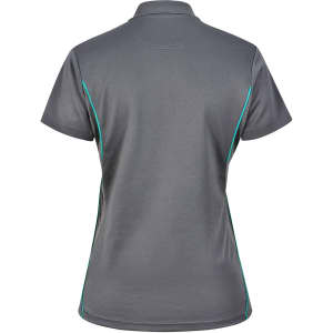 A grey ladies' polo shirt with contrasting teal side accents and a collar. It features a logo on the design.