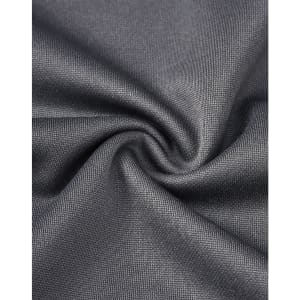 A close-up view of dark grey sustainable poly/cotton fabric, showcasing its smooth texture and stretchability.