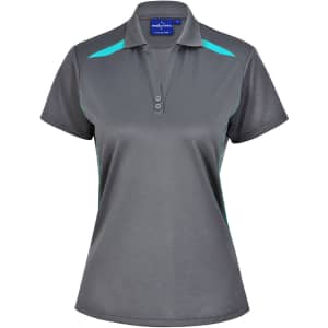 A women's short-sleeved polo shirt in grey with teal contrast detailing and a buttoned collar. Features a logo.