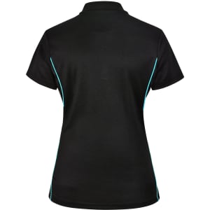 A black ladies' polo shirt featuring contrast turquoise detailing and a logo.