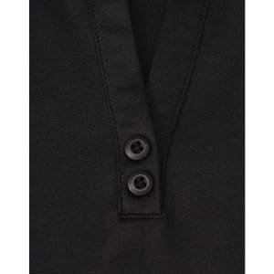 A black short-sleeve polo shirt featuring a placket with two buttons and a logo.
