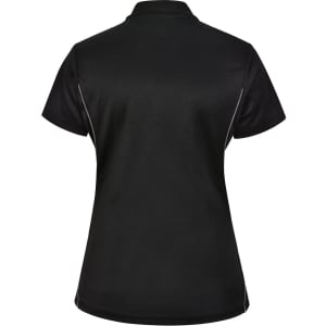 A black ladies' polo shirt with contrast piping, featuring a logo on the back. Made from sustainable poly/cotton.
