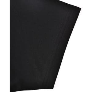 A close-up of the sleeve of a black polo shirt made from sustainable poly/cotton blend, featuring a logo.