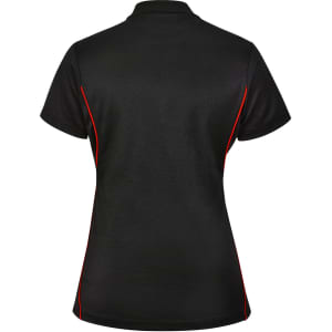 A black polo shirt with red contrast detailing and a logo on the back. Short sleeves and a classic fit.