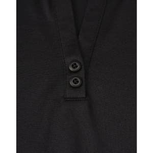 A black polo shirt featuring a V-neck and two buttons, made from sustainable poly/cotton material.