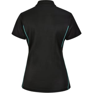 A black ladies' polo shirt with contrast teal piping and a logo on the back.