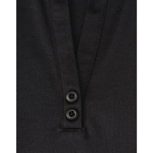 A close-up of a black polo shirt featuring a collar and two buttons at the neckline. The shirt has a logo.