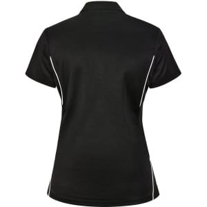 A black ladies' polo shirt featuring white contrast detailing and a logo on the back.