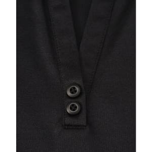 A black women's polo shirt featuring a v-neck and two buttons at the collar, made from sustainable poly/cotton blend.