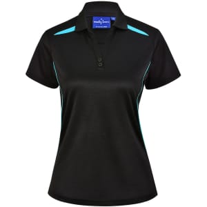 A black women's polo shirt featuring teal contrast accents and a logo on the collar.