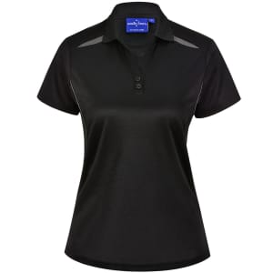 A black ladies' polo shirt featuring a sustainable poly/cotton blend with contrast detailing and a logo.