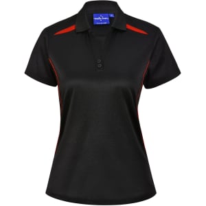 A black polo shirt with contrasting red accents, featuring a collar and button placket. Includes a logo.