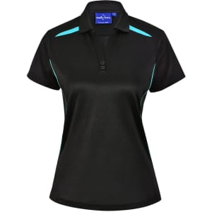 A black polo shirt with turquoise contrast detailing and a collar, featuring a logo on the label.