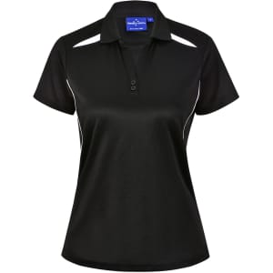 A black ladies' polo shirt with contrast white stripes, featuring a collar and three-button placket. It has a logo.