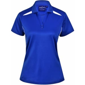 A blue ladies' polo shirt with contrast white detailing and a collar, featuring a logo on the upper section.