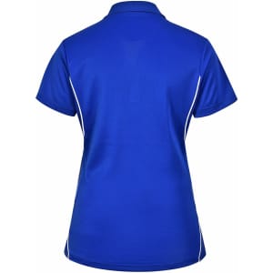A blue ladies' polo shirt with white contrast detailing and a collar, featuring a logo on the front.