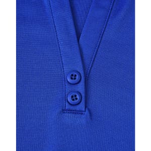 A blue polo shirt featuring a collar and two button placket. The fabric is a sustainable poly/cotton blend.