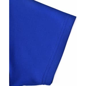 A close-up of a blue polo shirt sleeve featuring a smooth texture and stitching detail. The shirt has a logo.