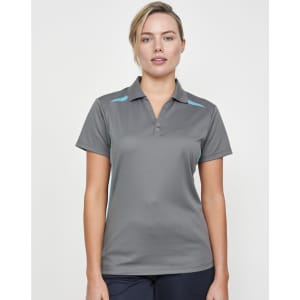 A grey ladies' polo shirt with light blue contrast detailing, featuring a collar and three-button placket, with a logo.