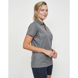 A grey polo shirt with contrast blue detailing, featuring a collar and short sleeves. Includes a logo.