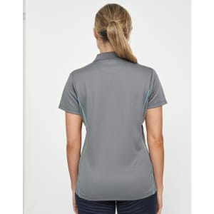 A grey women's polo shirt with blue contrast detailing and a collar, featuring a logo on the back.