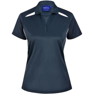 A navy blue ladies' polo shirt with contrasting white accents and a three-button placket. Features a logo.