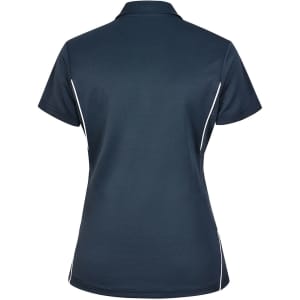 A navy blue ladies' polo shirt features short sleeves and white contrast piping on the sides. It has a logo on the chest.