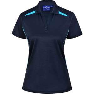 A navy polo shirt with contrasting aqua detailing and a logo. Features a collar and short sleeves.