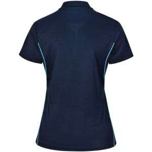 A navy blue women's polo shirt featuring contrasting turquoise side panels and a collar, with a logo on the chest.