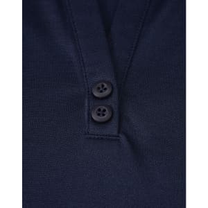 A navy polo shirt featuring a two-button placket and subtle textures, with a logo on the fabric.