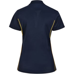 A navy blue ladies' polo shirt with yellow contrast side panels and a logo on the back.