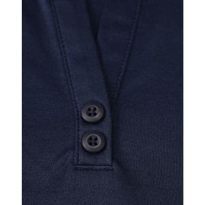 A navy blue polo shirt featuring a two-button placket and a logo. The material is a sustainable poly/cotton blend.