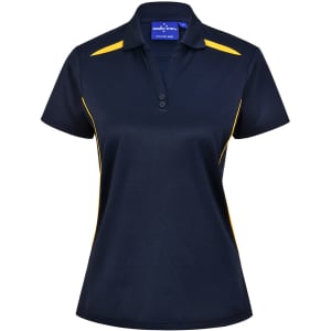 A navy blue polo shirt with yellow contrast detailing, featuring a collar and button placket. Includes a logo.