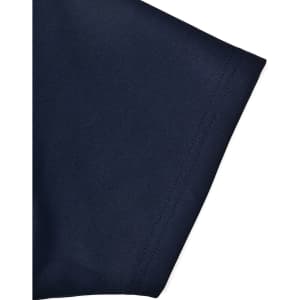 A close-up of a navy blue polo shirt sleeve featuring a smooth texture and stitching details.