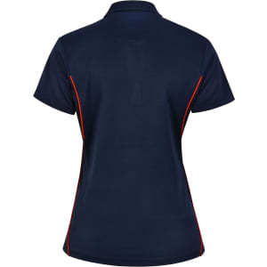 A navy blue polo shirt featuring contrast orange detailing and a logo on the back.