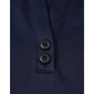 A navy blue lightweight polo shirt featuring a button-up collar and two black buttons. Includes a logo.