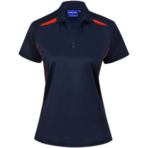 A navy blue polo shirt featuring contrasting red accents and a two-button placket. It has a logo on the chest.