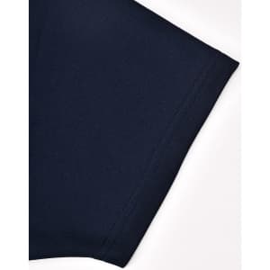 A close-up of a navy polo shirt sleeve with a smooth fabric finish and a subtle logo.