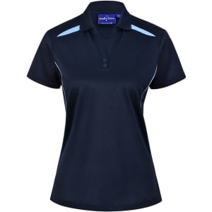 A navy blue polo shirt featuring light blue contrast detailing and a logo. Made from sustainable poly/cotton fabric.