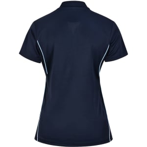 A navy ladies' polo shirt with light blue contrast detailing and a logo on the back.